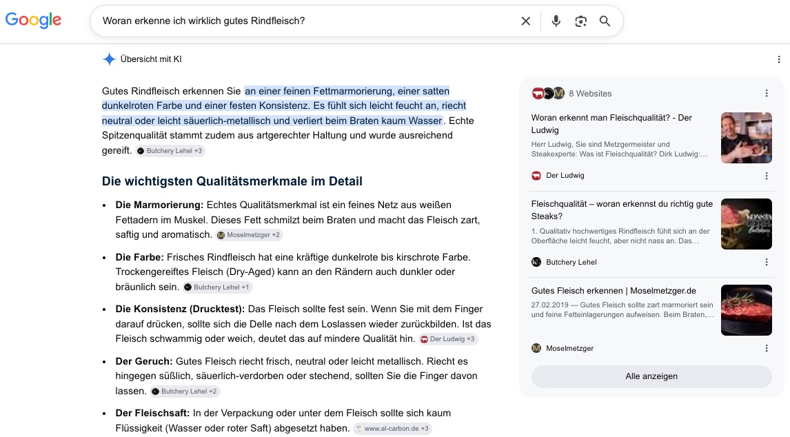Google AI Overview: Woran erkenne ich wirklich gutes Rindfleisch?