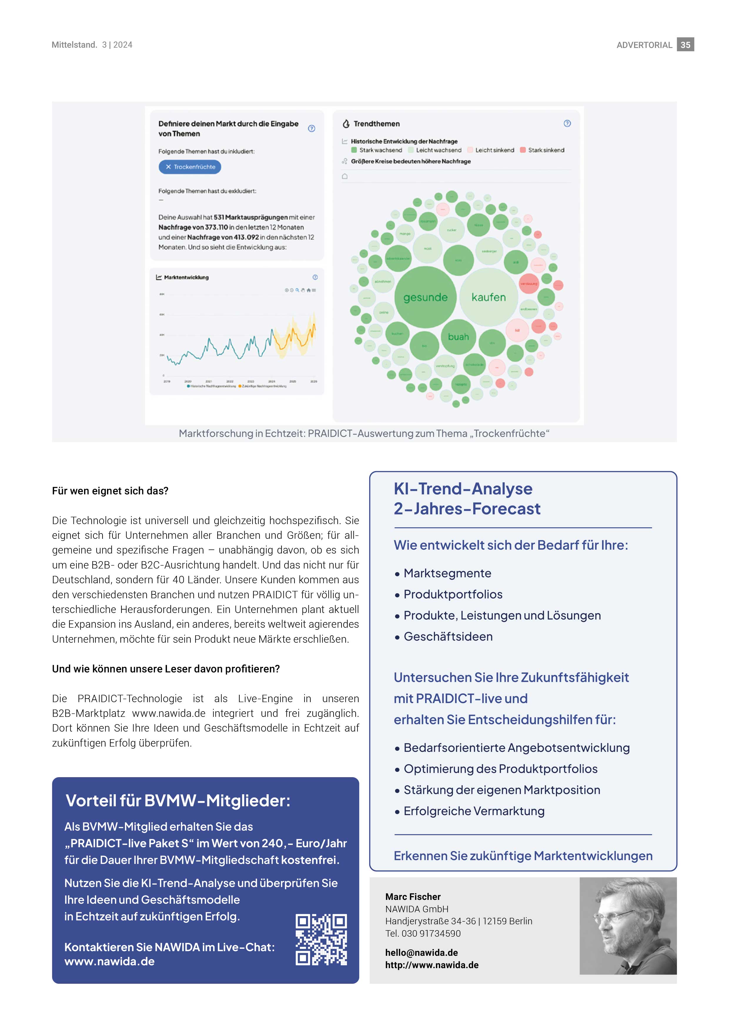 Beitrag des BVMW-Magazins "Mittelstand.", in dem Marc Fischer ein Interview über KI-Marktanalysen gibt (Seite 2)